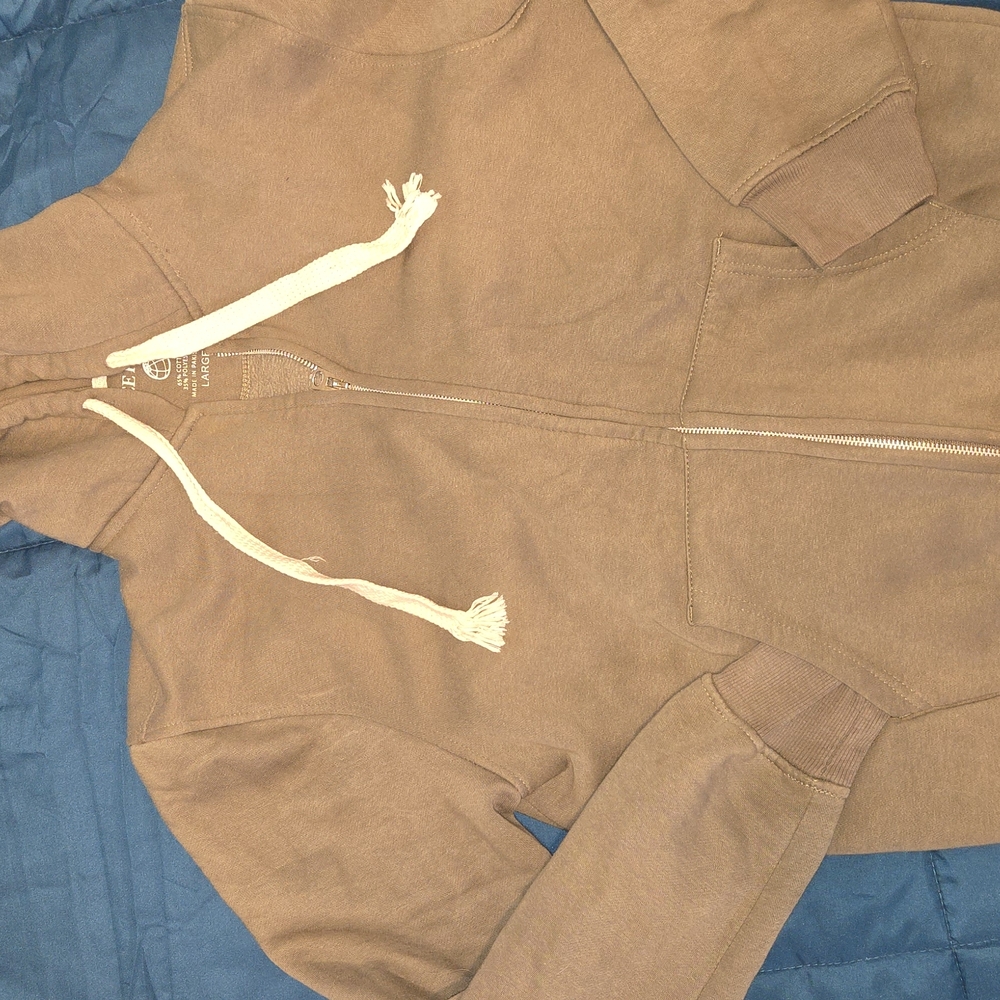 Brown Zip-Up Hoodie with White Drawstrings